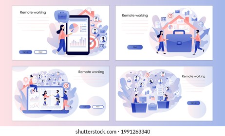 Fernbedienung. Arbeiten Sie von zu Hause aus und arbeiten Sie von überall aus. Kleine Leute verbinden sich und arbeiten online. Screen Template für Landing Page, Template, ui, web, mobile app, poster, banner, flyer. Vektorgrafik