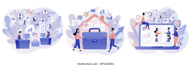 Remote working. Work from home and work from anywhere. Tiny people connecting and working online. Freelance. Modern flat cartoon style. Vector illustration on white background