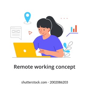 Remote working or work from home concept during the Covid-19 pandemic with a woman using a laptop surrounded by business icons, minimal slye flat cartoon colored vector illustration