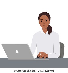 Remote working or work from home concept during the pandemic with a woman using a laptop on desk. Flat vector illustration isolated on white background