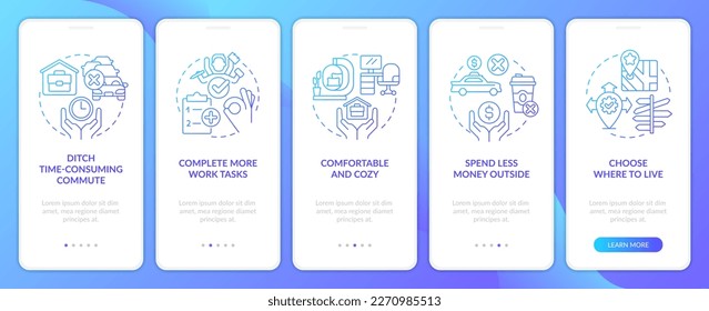 Remote workplace benefits blue gradient onboarding mobile app screen. Walkthrough 5 steps editable graphic instructions with linear concepts. UI, UX, GUI template. Myriad Pro-Bold, Regular fonts used