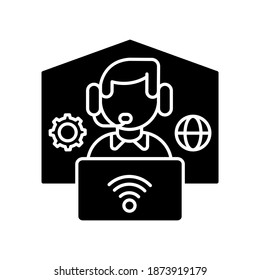 Remote Workplace Black Glyph Icon. Freelancer Work. Distant Workspace. Home Office For Freelance. Online Communication With Wifi. Silhouette Symbol On White Space. Vector Isolated Illustration