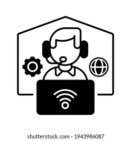 Remote Workplace Black Linear Icon. Freelancer Work. Distant Workspace. Home Office For Freelance. Employee With Headset And Laptop. Outline Symbol On White Space. Vector Isolated Illustration