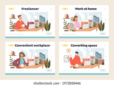 Remote workplace concept of set of landing pages with freelance workers working from home or in coworking space office. Distant workspace for freelancer. Cartoon flat vector illustration