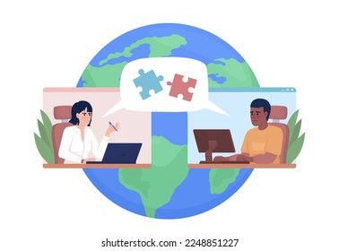 Remote workplace conflict 2D vector isolated illustration. Coworkers having communication barrier flat characters on cartoon background. Colorful editable scene for mobile, website, presentation