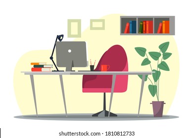 Remote workplace interior background. Desk, chair, computer screen, bookshelf in room, plant. Vector illustration of modern design office, cconvenient workplace, comfortable conditions