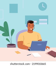 Remote workplace interior. Man working on laptop in headset isolated on white background