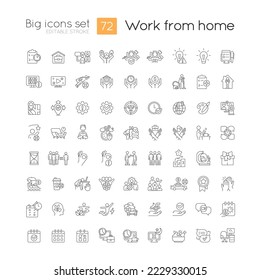 Conjunto de iconos lineales del lugar de trabajo remoto. Hogar. Trabajo en línea. Movilidad de empleados. Símbolos de línea delgada personalizables. Ilustraciones aisladas del contorno vectorial. Trazo editable. Tipo de letra rápido y ligero utilizado