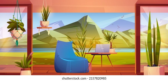 Remote workplace on terrace with flowers on lake shore. Vector cartoon illustration of summer landscape mountain valley with river and wooden veranda with bean bag chair, table and laptop