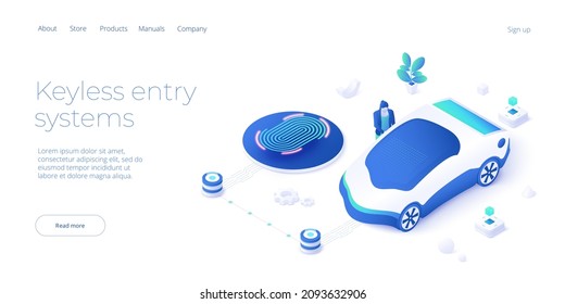 Remotely car control app illustration in isometric vector design. Keyless entry system for remote-control auto vehicle