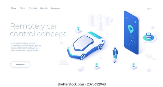 Remotely car control app illustration in isometric vector design. Woman using smartphone application for remote-control auto vehicle