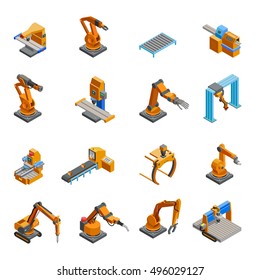 Remotely controlled programmable robotic mechanical arms samples in automation industry isometric icons collection abstract isolated vector illustration