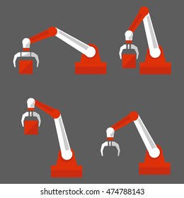 Remotely controlled robotic arms samples in automation industry picks up cargo flat icons collection abstract isolated vector illustration with animation