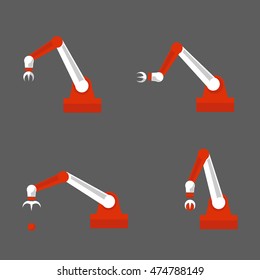 Remotely controlled robotic arms samples in automation industry picks up cargo flat icons collection abstract isolated vector illustration with animation