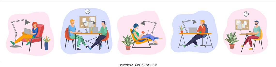 remotely and office  worker with laptop, manager work at home/ office, online workers, students remotely working chat  at isolation quarantine , flat worker vector character EPS 10