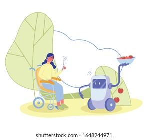 Remotely Operated Robot, Bringing Red Ripe Fruits to Woman in Wheel Chair with Handset. Conceptual Presentation, Showing Robots as Smart and Safe, Indispensable House Helper for Disabled People.