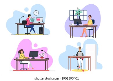 remotely working at home, coworking space, concept illustration. Young people, man and woman freelancers working on laptops and computers at home. Vector flat style illustration.