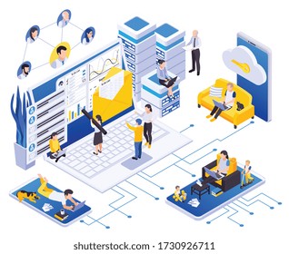 Remotely working at home employees  management isometric composition with secure data storage access task planning vector illustration 