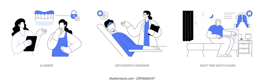 Removable orthodontic appliances abstract concept vector illustration set. Orthodontist sets aligners, orthodontic headgear, night-time mouth guard, correcting bite, oral health abstract metaphor.