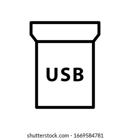 Removable USB adapter with text icon. Linear logo of electronic computer accessory. Black simple illustration of digital plug. Contour isolated vector image on white background