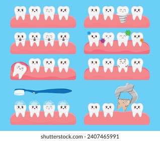 Removal, cleaning, implantation, braces, teeth alignment, wisdom. Vector illustration in cartoon style. Kawaii mascot collection for medical apps, websites and hospital. Healthy teeth. Oral health.