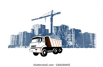 Removal Construction Waste From Building Site By Big Truck Car With Dumpster. Vector Illustration In Engraving Style