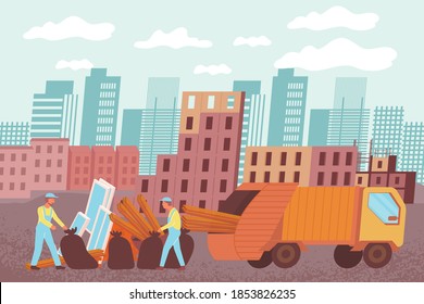 Removal Of Construction Waste Composition With Flat Building Site Landscape With Workers Loading Rubbish Into Truck Vector Illustration