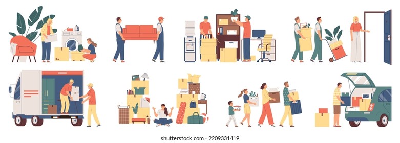 Removal flat set with people loading and unloading their belongings while moving to new house isolated vector illustration