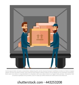 Removal to new house, logistics, delivery and transportation concept, vector illustration.  People carry carton cardboard boxes and put them in truck