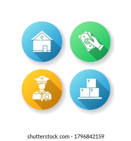 Removal of property flat design long shadow glyph icons set. Police officer. Insurance claim. Real estate. Moving cardboard boxes. Paying for bank debt. Silhouette RGB color illustration