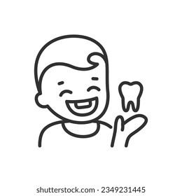 Removal of teeth in children, linear icon. A child holds a tooth. Line with editable stroke