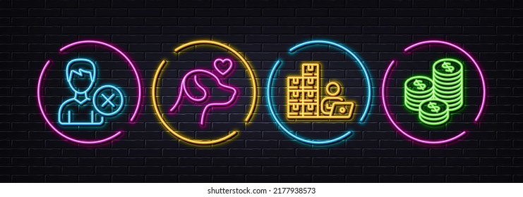 Remove account, Inventory and Pets care minimal line icons. Neon laser 3d lights. Coins icons. For web, application, printing. Delete user, Goods operator, Shelter. Cash money. Vector