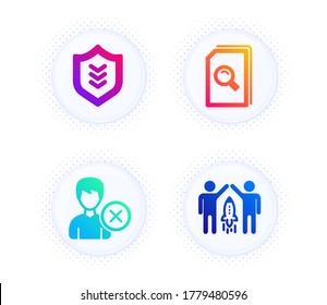 Eliminar cuenta, buscar archivos e iconos Escudo conjunto simple. Botón con puntos de semitono. Signo de asociación. Borrar usuario, vidrio de aumento, Protección o seguridad. Inicio de negocio. Conjunto de negocios. Vector