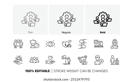 Remove account, Social care and Group line icons. Pack of Like, Friends chat, Skin care icon. Teamwork, Health eye, Hold heart pictogram. Love couple, Chef, Nurse. Video conference. Line icons. Vector