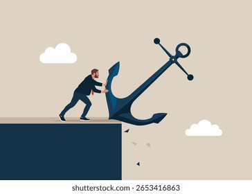 Remover âncora. Problema de investimento de custo perdido. Trabalho árduo e luta nos negócios. Ilustração de vetor plano