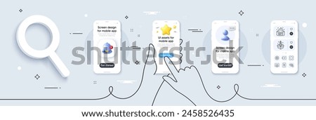 Remove, Attachment and Puzzle line icons pack. Phone screen mockup with 3d star, alert and chat message. Copywriting network, Startup, Music making web icon. Hold box, Skin cream pictogram. Vector