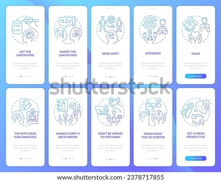 Remove barriers blue gradient onboarding mobile app screen set. Creative block walkthrough 5 steps graphic instructions with linear concepts. UI, UX, GUI template. Myriad Pro-Bold, Regular fonts used