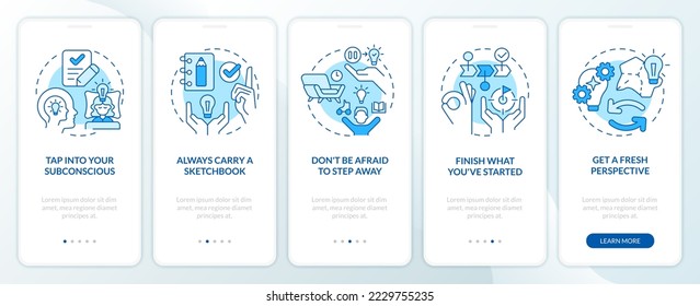 Eliminar las barreras de inspiración consejos azul en la pantalla de aplicaciones móviles. Recorrido 5 pasos instrucciones gráficas editables con conceptos lineales. UI, UX, plantilla GUI. Multitud de tipos de letra Pro-Bold, con uso regular