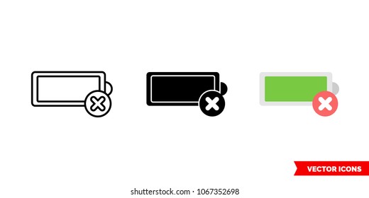 Remove battery icon of 3 types: color, black and white, outline. Isolated vector sign symbol.