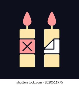 Eliminar el empaque de velas antes de usar el icono de etiqueta manual de color RGB para el tema oscuro. Ilustración vectorial aislada en el fondo del modo nocturno. Dibujo de línea simple rellenado en negro para instrucciones de uso de producto