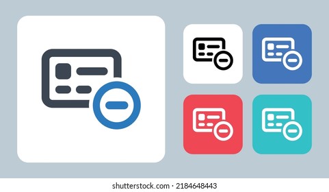 Icono de la tarjeta - ilustración vectorial. Tarjeta, Borrar, Eliminar, Retirar, Crédito, Transacción, Pago, Cancelar, línea, contorno, plano, iconos.
