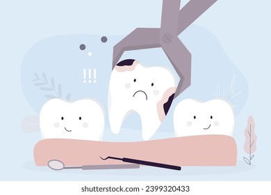 Eliminar las cavidades y aliviar el dolor. Causas de inflamación de encías. Extracción dental. se elimina el diente con pinzas en cavidad oral. Odontología infantil. expresiones faciales en dientes. ilustración vectorial plana