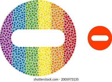 Remove collage icon of round items in different sizes and spectrum colored shades. A dotted LGBT-colored remove for lesbians, gays, bisexuals, and transgenders. Vector icon in LGBT flag colors.