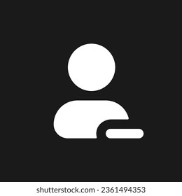 Remove contact dark mode glyph ui icon. Delete unwanted user. Address book. User interface design. White silhouette symbol on black space. Solid pictogram for web, mobile. Vector isolated illustration