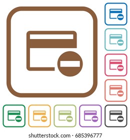 Remove credit card simple icons in color rounded square frames on white background