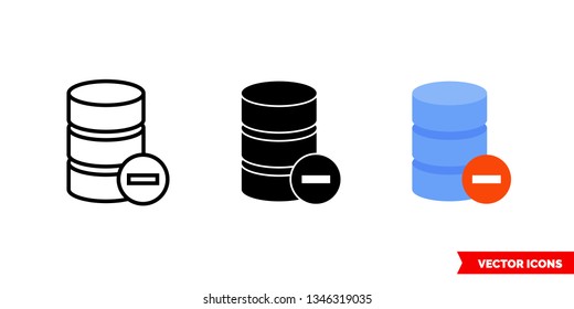 Remove database icon of 3 types: color, black and white, outline. Isolated vector sign symbol.
