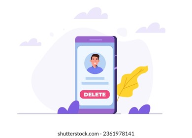 Eliminar o eliminar el concepto de cuenta social o perfil. Ilustraciones del vector plano para banner, sitio web, página de inicio, volante.
