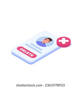 Remove or delete the social account or profile concept. Isometric vector illustrations for banner, website, landing page, flyer.
