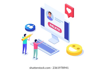 Remove or delete the social account or profile concept. Isometric vector illustrations for banner, website, landing page, flyer.
