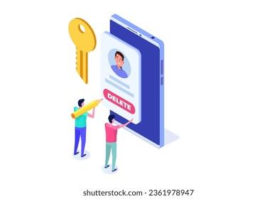 Remove or delete the social account or profile concept. Isometric vector illustrations for banner, website, landing page, flyer.
